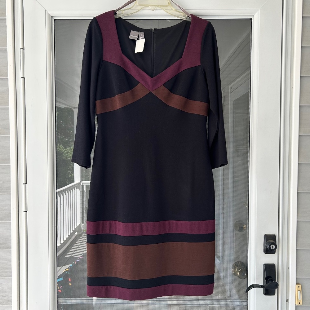 Muse Knit Black Dress Contrast Insets Bust and Hem Fall Colors Size 12 NWT